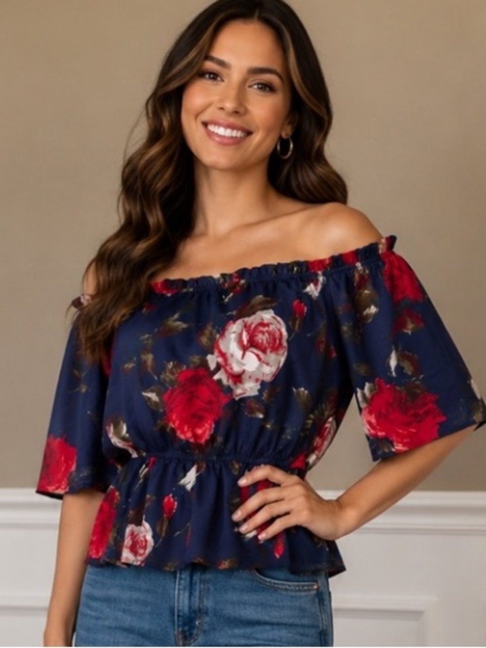 Lipsy Navy Off-the-Shoulder Peplum Top with Red Rose Print